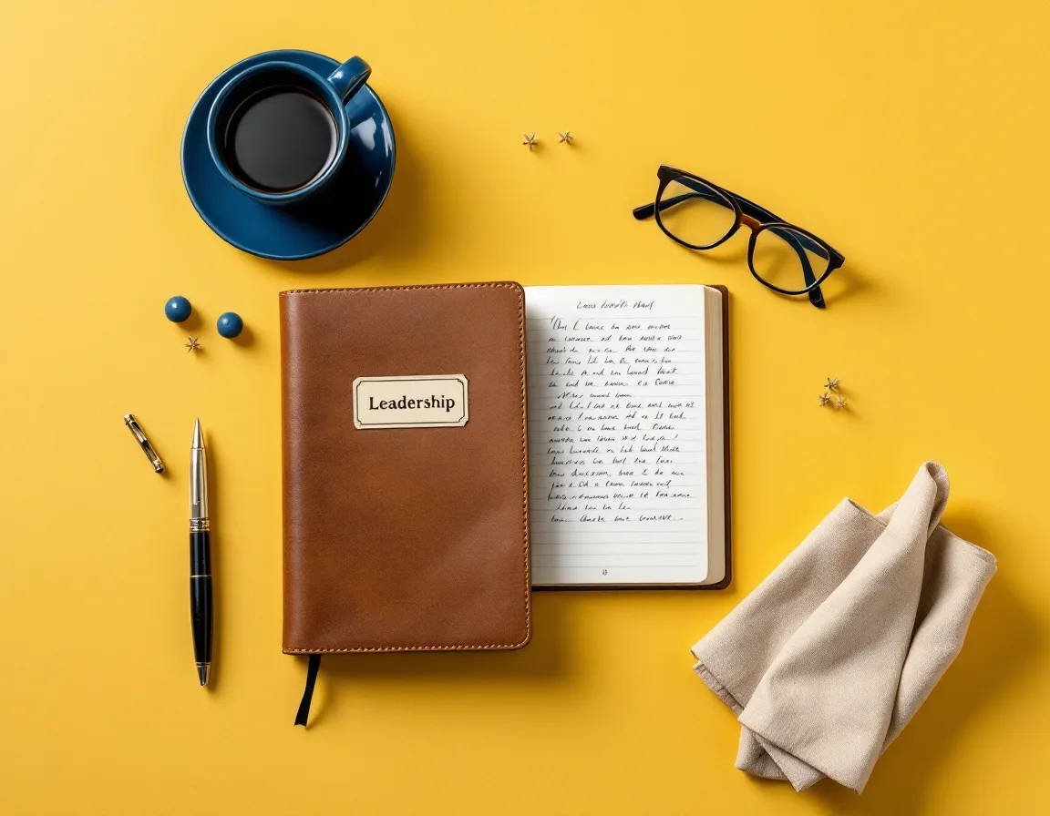 Overhead flat-lay of a coaching desk — leather notebook, espresso, fountain pen and reading glasses on a butter-yellow surface